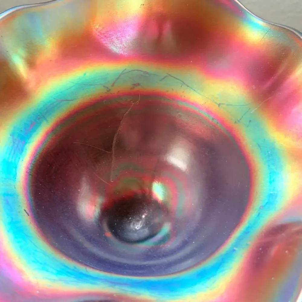 Antique Northwood Amethyst Rainbow Carnival Glass Pedestal Dish, Basket Weave